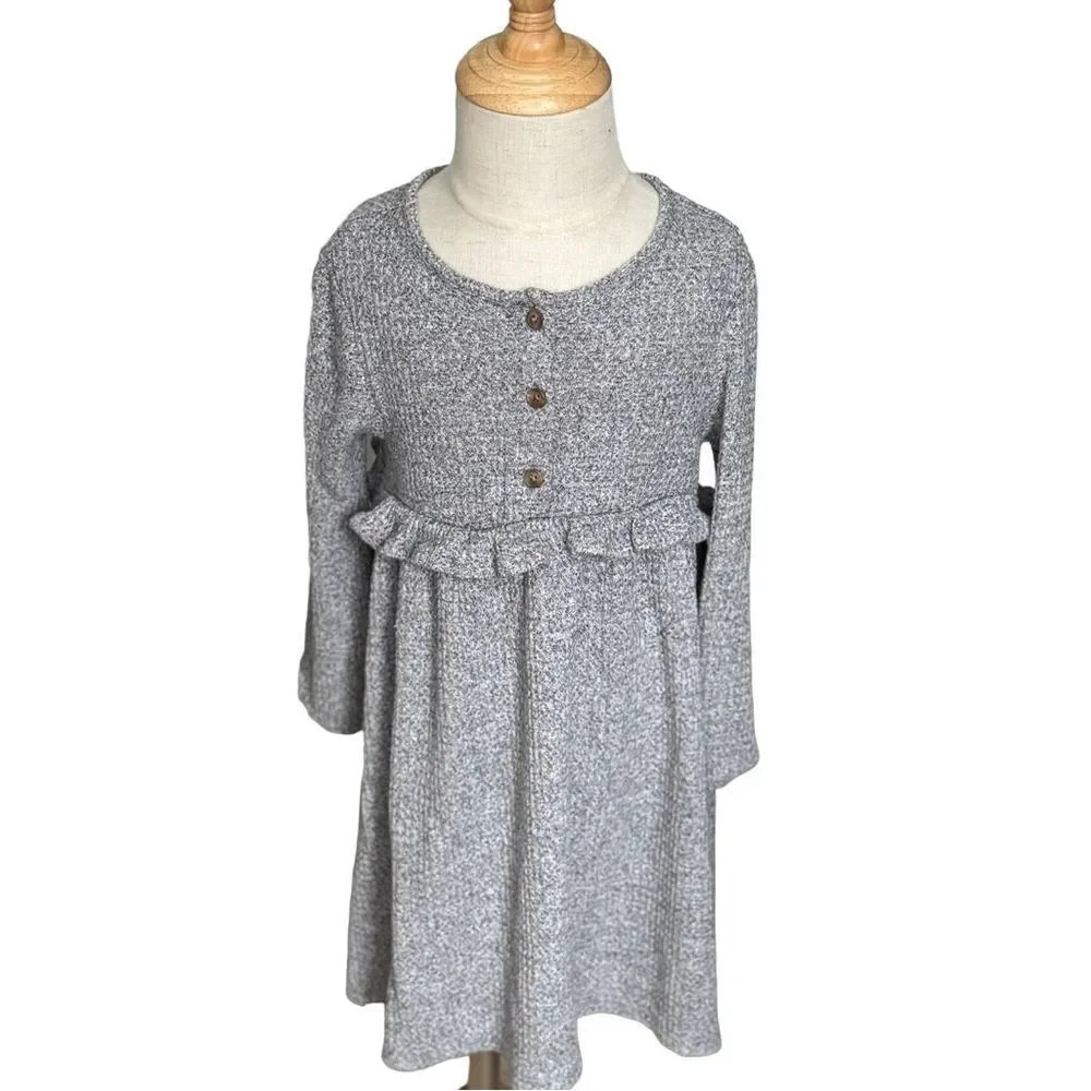 Old Navy Girls Kids Long Sleeve Thermal Knit Gray Ruffle Henley Dress. 4. 4T.